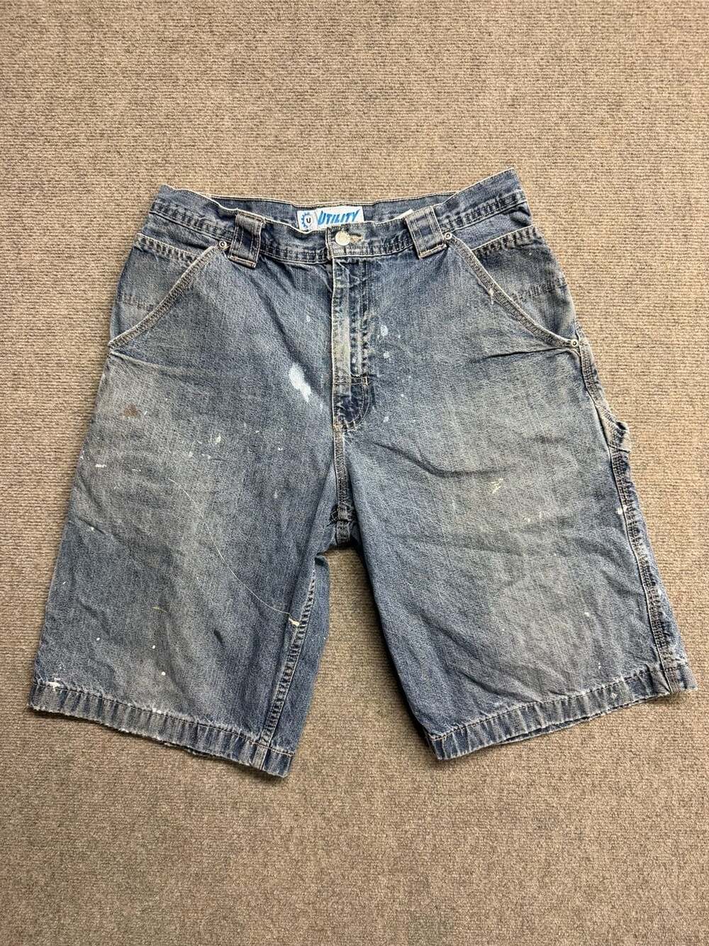 Utility Carpenter Denim Shorts Size 34 Blue Paint Splatter Workwear